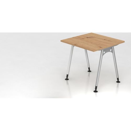 Schreibtisch Keijo | Asteiche | BxT 80x80cm | Höhe 68-76cm | stufenlos höhenverstellbar | A-förmiges Rundrohrgestell Silber | Rechteckform