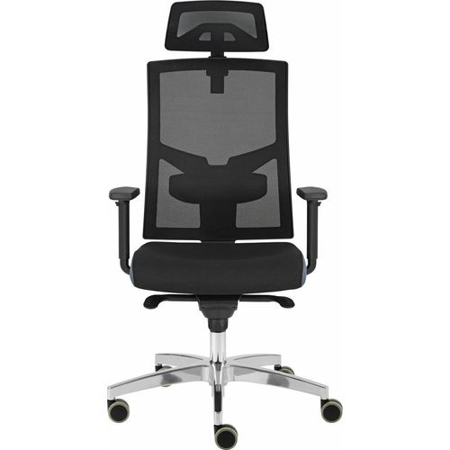 Drehstuhl Hanko Premium mit Netzrücken | Schwarz | Gesamthöhe 116-133cm | Sitzbreite 50cm | Stoff 100% Polyester | PolyurethanArmlehne | 2D-Kopfstütze gepolstert