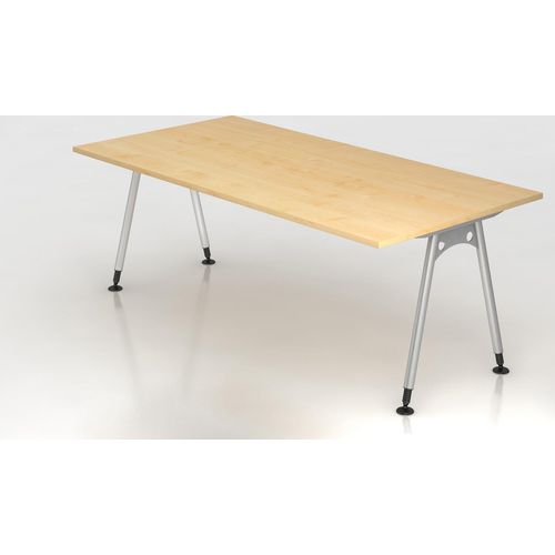Schreibtisch Keijo | Ahorn | BxT 200x100cm | Höhe 68-76cm | stufenlos höhenverstellbar | A-förmiges Rundrohrgestell Silber | Rechteckform