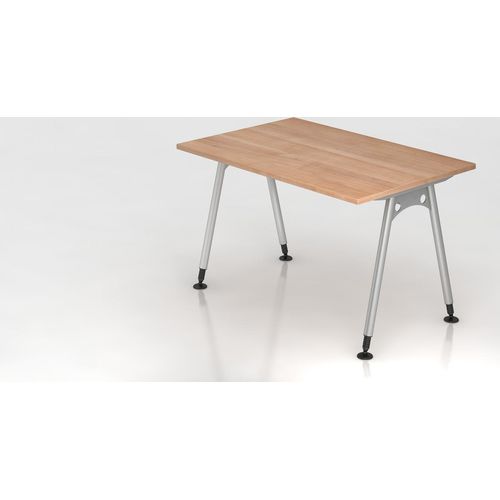 Schreibtisch Keijo | Nussbaum | BxT 120x80cm | Höhe 68-76cm | stufenlos höhenverstellbar | A-förmiges Rundrohrgestell Silber | Rechteckform