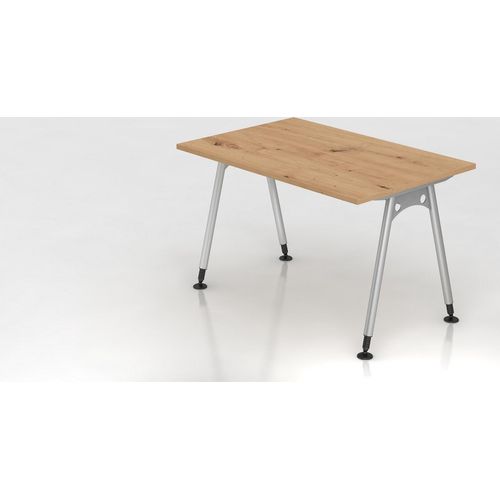 Schreibtisch Keijo | Asteiche | BxT 120x80cm | Höhe 68-76cm | stufenlos höhenverstellbar | A-förmiges Rundrohrgestell Silber | Rechteckform