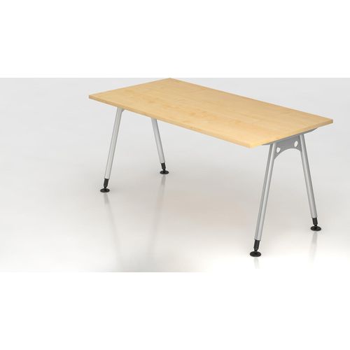 Schreibtisch Keijo | Ahorn | BxT 160x80cm | Höhe 68-76cm | stufenlos höhenverstellbar | A-förmiges Rundrohrgestell Silber | Rechteckform