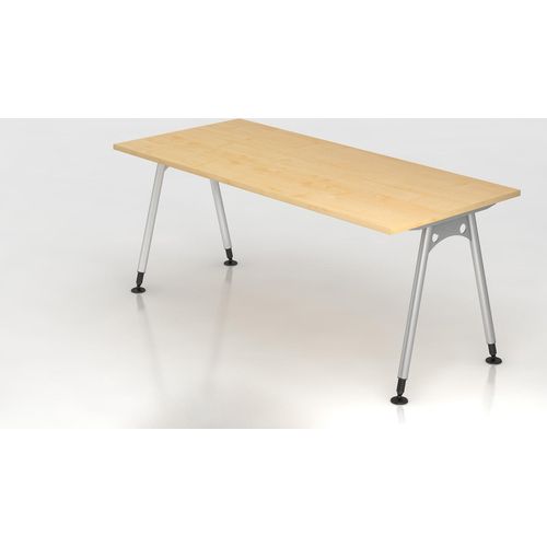 Schreibtisch Keijo | Ahorn | BxT 180x80cm | Höhe 68-76cm | stufenlos höhenverstellbar | A-förmiges Rundrohrgestell Silber | Rechteckform