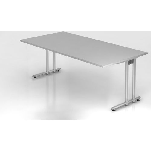 Schreibtisch Mauno | Grau | BxT 200x100cm | Arbeitshöhe 72cm | höhenjustierbar 0-10 mm | C-Fuß-Gestell Silber | Rechteckform