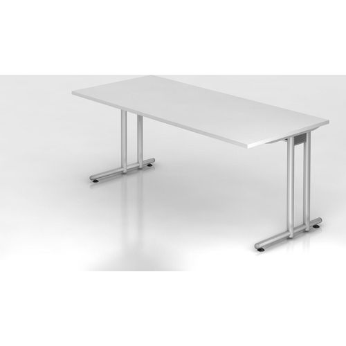 Schreibtisch Mauno | Weiß | BxT 180x80cm | Arbeitshöhe 72cm | höhenjustierbar 0-10 mm | C-Fuß-Gestell Silber | Rechteckform