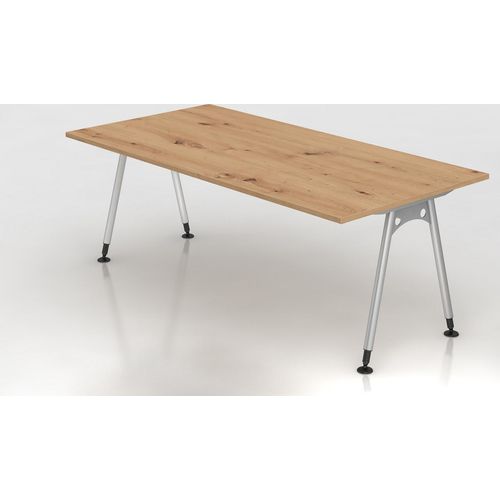 Schreibtisch Keijo | Asteiche | BxT 200x100cm | Höhe 68-76cm | stufenlos höhenverstellbar | A-förmiges Rundrohrgestell Silber | Rechteckform