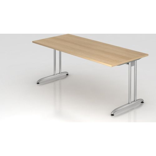 Schreibtisch Markku | Eiche | BxT 180x80cm | Arbeitshöhe 72cm | höhenjustierbar 0-10 mm | C-Fuß-Gestell Silber | Rechteckform