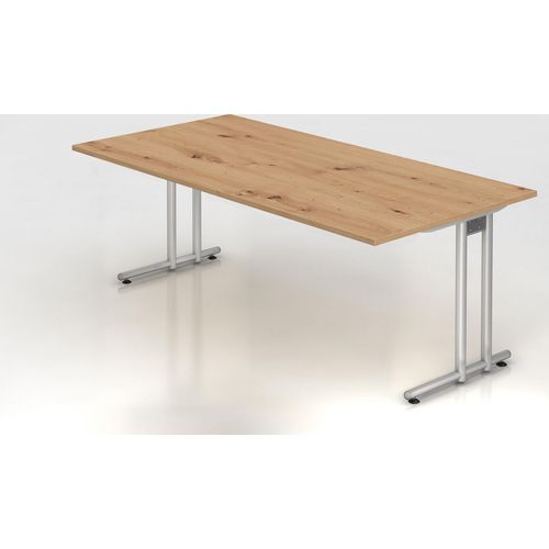 Schreibtisch Mauno | Asteiche | BxT 200x100cm | Arbeitshöhe 72cm | höhenjustierbar 0-10 mm | C-Fuß-Gestell Silber | Rechteckform