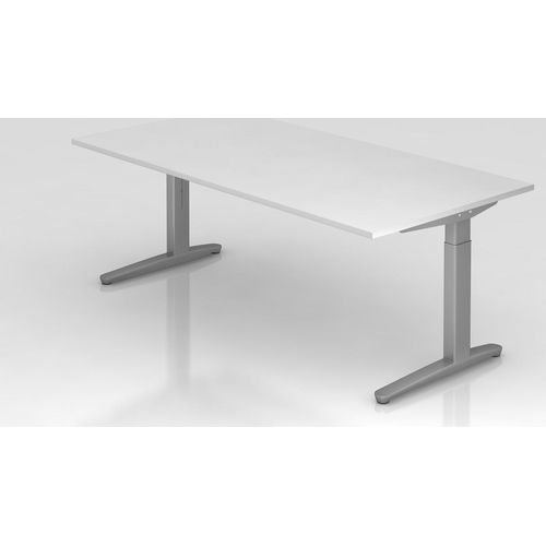 Schreibtisch Mika | Weiß | Silber Gestell | BxT 200x100cm | Arbeitshöhe 65-85cm | höhenjustierbar, 1cm Raster | C-Fuß-Gestell | Rechteckform