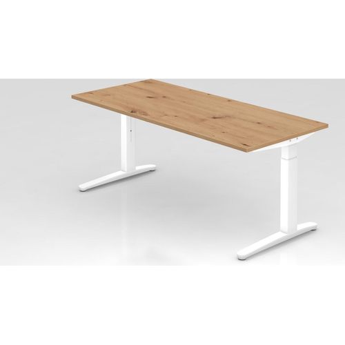 Schreibtisch Mika | Asteiche | Weißes Gestell | BxT 180x80cm | Arbeitshöhe 65-85cm | höhenjustierbar, 1cm Raster | C-Fuß-Gestell | Rechteckform