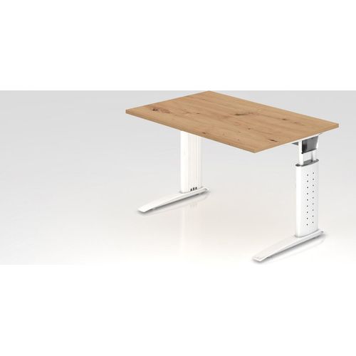Schreibtisch Mauri | Asteiche | Weißes Gestell | BxT 120x80cm | Arbeitshöhe 68-86cm | höhenjustierbar, 2cm Raster | C-Fuß-Gestell | Rechteckform