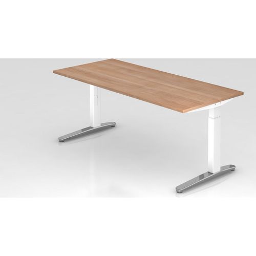 Schreibtisch Mika | Nussbaum | Weißes Gestell poliert | BxT 180x80cm | Arbeitshöhe 65-85cm | höhenjustierbar, 1cm Raster | C-Fuß-Gestell | Rechteckform