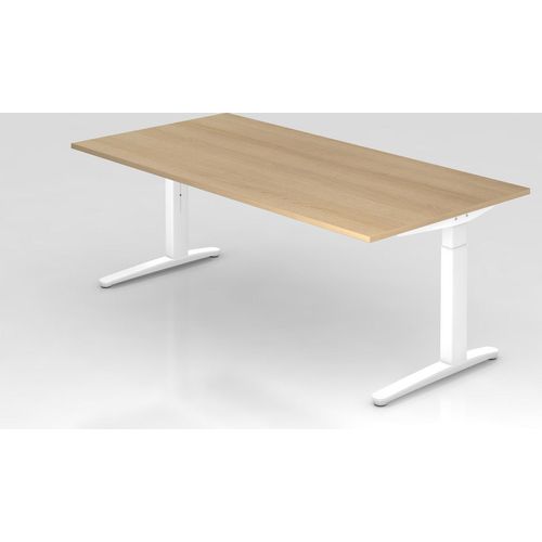 Schreibtisch Mika | Eiche | Weißes Gestell | BxT 200x100cm | Arbeitshöhe 65-85cm | höhenjustierbar, 1cm Raster | C-Fuß-Gestell | Rechteckform
