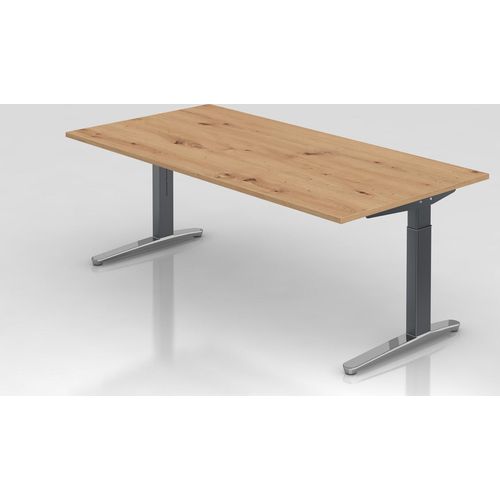 Schreibtisch Mika | Asteiche | Graues Gestell poliert | BxT 200x100cm | Arbeitshöhe 65-85cm | höhenjustierbar, 1cm Raster | C-Fuß-Gestell | Rechteckform