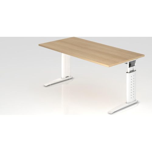 Schreibtisch Mauri | Eiche | Weißes Gestell | BxT 160x80cm | Arbeitshöhe 68-86cm | höhenjustierbar, 2cm Raster | C-Fuß-Gestell | Rechteckform