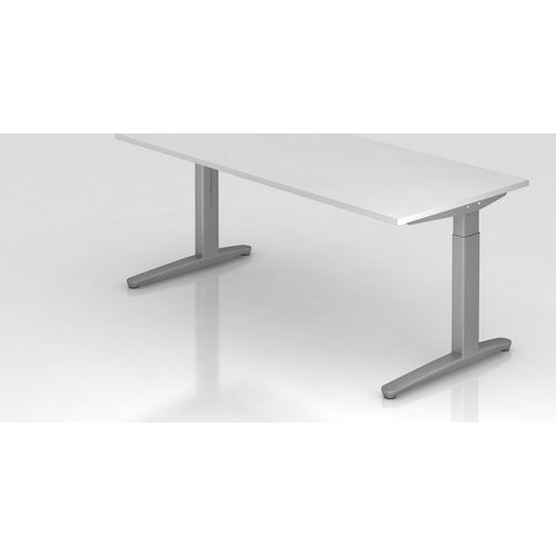 Schreibtisch Mika | Weiß | Silber Gestell | BxT 180x80cm | Arbeitshöhe 65-85cm | höhenjustierbar, 1cm Raster | C-Fuß-Gestell | Rechteckform