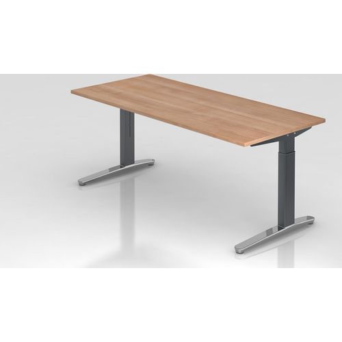 Schreibtisch Mika | Nussbaum | Graues Gestell poliert | BxT 180x80cm | Arbeitshöhe 65-85cm | höhenjustierbar, 1cm Raster | C-Fuß-Gestell | Rechteckform