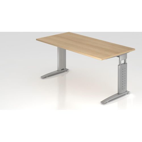 Schreibtisch Mauri | Eiche | Silber Gestell | BxT 160x80cm | Arbeitshöhe 68-86cm | höhenjustierbar, 2cm Raster | C-Fuß-Gestell | Rechteckform