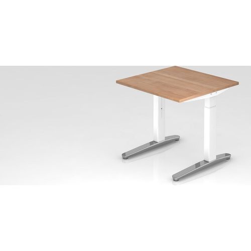 Schreibtisch Mika | Nussbaum | Weißes Gestell poliert | BxT 80x80cm | Arbeitshöhe 65-85cm | höhenjustierbar, 1cm Raster | C-Fuß-Gestell | Rechteckform