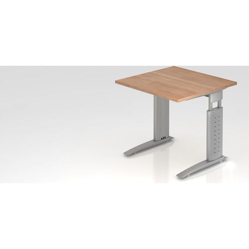 Schreibtisch Mauri | Nussbaum | Silber Gestell | BxT 80x80cm | Arbeitshöhe 68-86cm | höhenjustierbar, 2cm Raster | C-Fuß-Gestell | Rechteckform