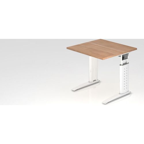 Schreibtisch Mauri | Nussbaum | Weißes Gestell | BxT 80x80cm | Arbeitshöhe 68-86cm | höhenjustierbar, 2cm Raster | C-Fuß-Gestell | Rechteckform