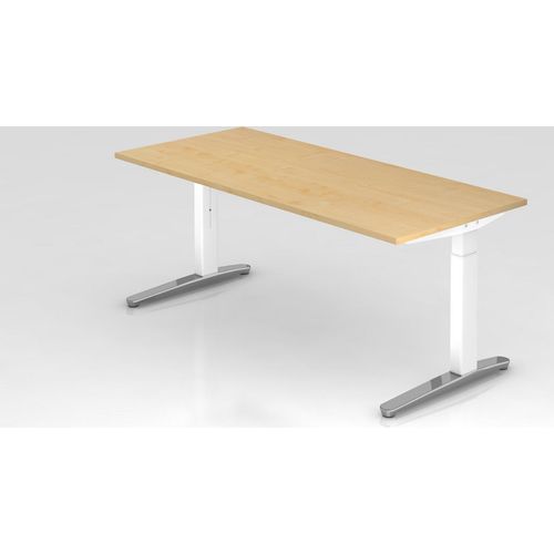 Schreibtisch Mika | Ahorn | Weißes Gestell poliert | BxT 180x80cm | Arbeitshöhe 65-85cm | höhenjustierbar, 1cm Raster | C-Fuß-Gestell | Rechteckform