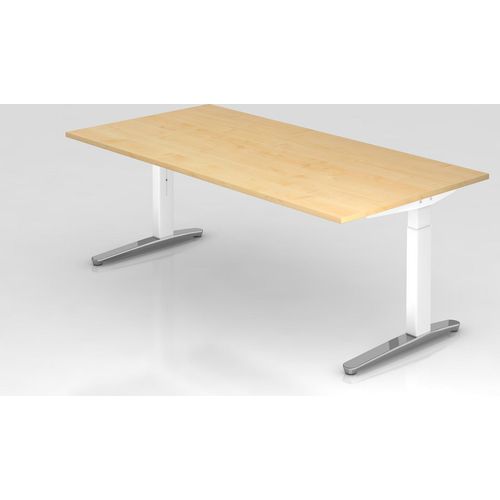 Schreibtisch Mika | Ahorn | Weißes Gestell poliert | BxT 200x100cm | Arbeitshöhe 65-85cm | höhenjustierbar, 1cm Raster | C-Fuß-Gestell | Rechteckform