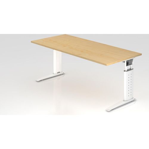 Schreibtisch Mauri | Ahorn | Weißes Gestell | BxT 180x80cm | Arbeitshöhe 68-86cm | höhenjustierbar, 2cm Raster | C-Fuß-Gestell | Rechteckform