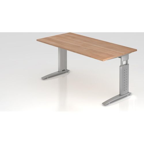 Schreibtisch Mauri | Nussbaum | Silber Gestell | BxT 160x80cm | Arbeitshöhe 68-86cm | höhenjustierbar, 2cm Raster | C-Fuß-Gestell | Rechteckform