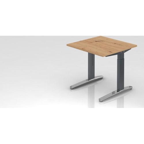 Schreibtisch Mika | Asteiche | Graues Gestell poliert | BxT 80x80cm | Arbeitshöhe 65-85cm | höhenjustierbar, 1cm Raster | C-Fuß-Gestell | Rechteckform