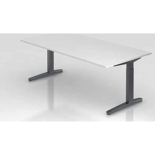 Schreibtisch Mika | Weiß | Graues Gestell | BxT 200x100cm | Arbeitshöhe 65-85cm | höhenjustierbar, 1cm Raster | C-Fuß-Gestell | Rechteckform