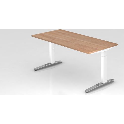 Schreibtisch Mika | Nussbaum | Weißes Gestell poliert | BxT 160x80cm | Arbeitshöhe 65-85cm | höhenjustierbar, 1cm Raster | C-Fuß-Gestell | Rechteckform