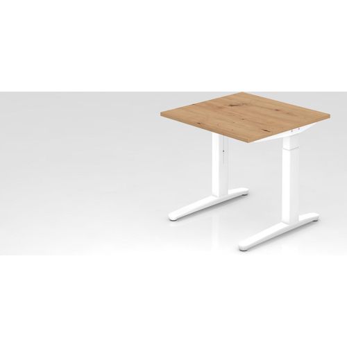 Schreibtisch Mika | Asteiche | Weißes Gestell| BxT 80x80cm | Arbeitshöhe 65-85cm | höhenjustierbar, 1cm Raster | C-Fuß-Gestell | Rechteckform