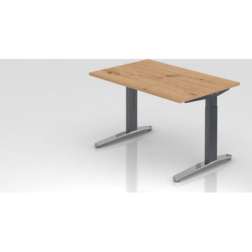 Schreibtisch Mika | Asteiche | Graues Gestell poliert | BxT 120x80cm | Arbeitshöhe 65-85cm | höhenjustierbar, 1cm Raster | C-Fuß-Gestell | Rechteckform