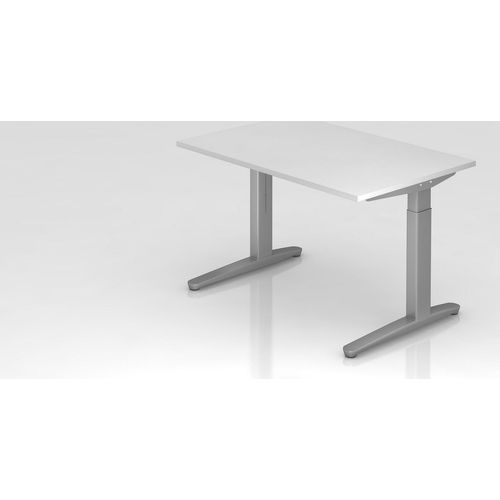 Schreibtisch Mika | Weiß | Silber Gestell | BxT 120x80cm | Arbeitshöhe 65-85cm | höhenjustierbar, 1cm Raster | C-Fuß-Gestell | Rechteckform