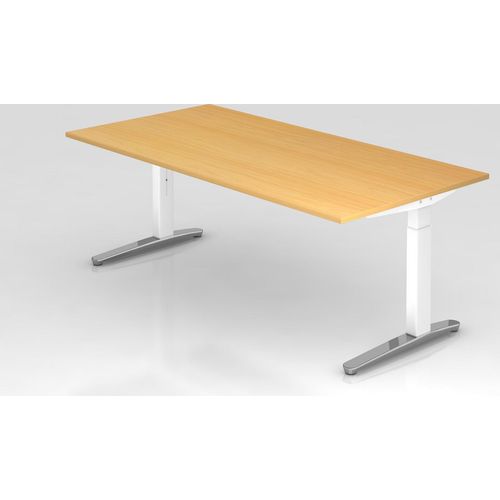 Schreibtisch Mika | Buche | Weißes Gestell poliert | BxT 200x100cm | Arbeitshöhe 65-85cm | höhenjustierbar, 1cm Raster | C-Fuß-Gestell | Rechteckform