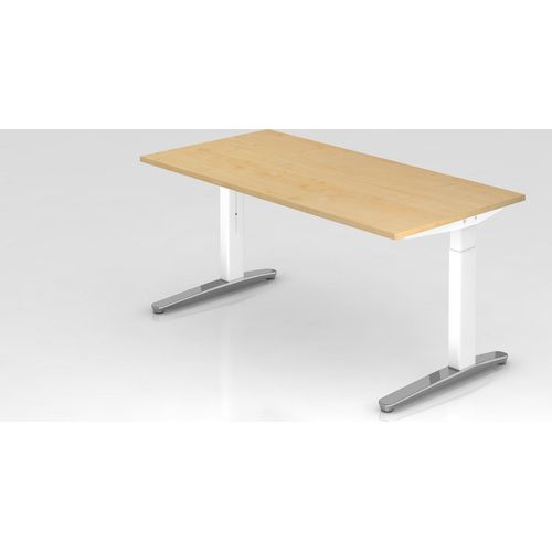 Schreibtisch Mika | Ahorn | Weißes Gestell poliert | BxT 160x80cm | Arbeitshöhe 65-85cm | höhenjustierbar, 1cm Raster | C-Fuß-Gestell | Rechteckform