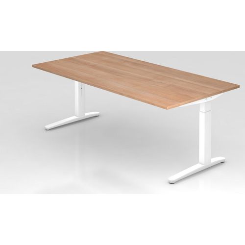 Schreibtisch Mika | Nussbaum | Weißes Gestell | BxT 200x100cm | Arbeitshöhe 65-85cm | höhenjustierbar, 1cm Raster | C-Fuß-Gestell | Rechteckform