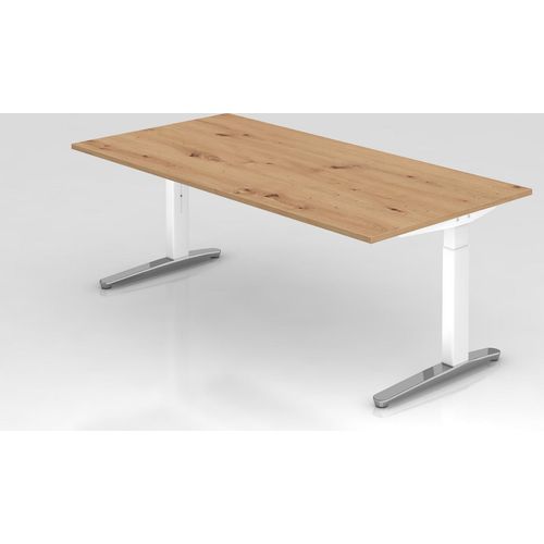 Schreibtisch Mika | Asteiche | Weißes Gestell poliert | BxT 200x100cm | Arbeitshöhe 65-85cm | höhenjustierbar, 1cm Raster | C-Fuß-Gestell | Rechteckform
