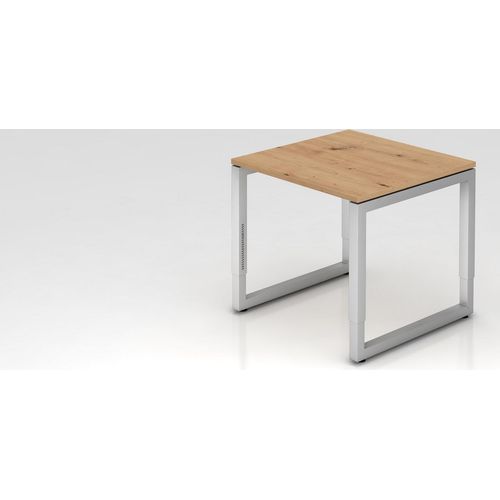 Schreibtisch Pavo | Asteiche | Silber Gestell | BxT 80x80cm | Arbeitshöhe 65-85cm | höhenjustierbar, 1cm Raster | O-Fuß-Gestell eckig | Rechteckform mit schwebender Tischplatte