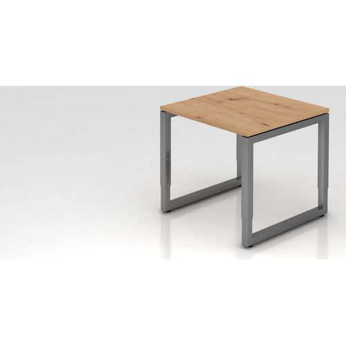 Schreibtisch Pavo | Asteiche | Graues Gestell | BxT 80x80cm | Arbeitshöhe 65-85cm | höhenjustierbar, 1cm Raster | O-Fuß-Gestell eckig | Rechteckform mit schwebender Tischplatte
