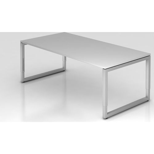 Schreibtisch Pavo | Grau | Silber Gestell | BxT 200x100cm | Arbeitshöhe 65-85cm | höhenjustierbar, 1cm Raster | O-Fuß-Gestell eckig | Rechteckform mit schwebender Tischplatte