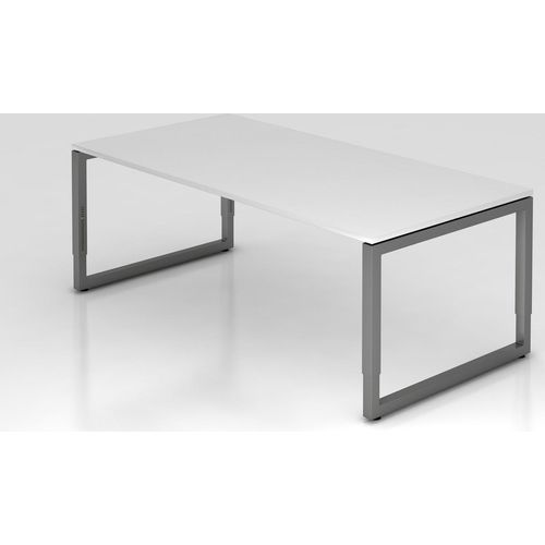 Schreibtisch Pavo | Weiß | Graues Gestell | BxT 200x100cm | Arbeitshöhe 65-85cm | höhenjustierbar, 1cm Raster | O-Fuß-Gestell eckig | Rechteckform mit schwebender Tischplatte