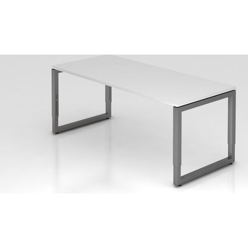 Schreibtisch Pavo | Weiß | Graues Gestell | BxT 180x80cm | Arbeitshöhe 65-85cm | höhenjustierbar, 1cm Raster | O-Fuß-Gestell eckig | Rechteckform mit schwebender Tischplatte