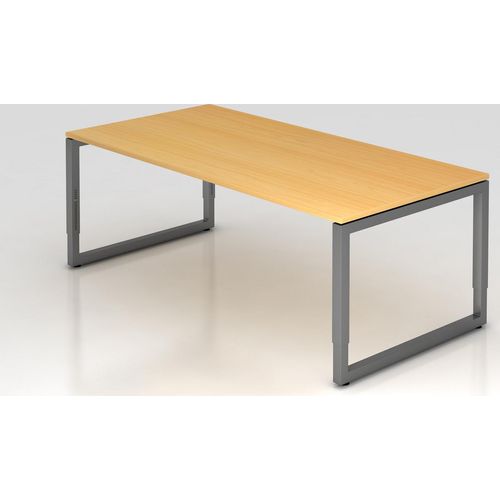 Schreibtisch Pavo | Buche | Graues Gestell | BxT 200x100cm | Arbeitshöhe 65-85cm | höhenjustierbar, 1cm Raster | O-Fuß-Gestell eckig | Rechteckform mit schwebender Tischplatte