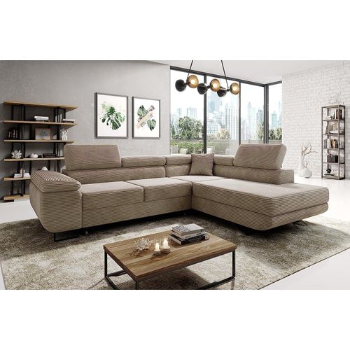 Avatar Kord Ecksofa in L-Form 277 x 73 x 203 cm mit Schlaffunktion und Bettzeugbehälter - Schlafsofa mit Bettkasten - Eckcouch mit Stauraum - Rechts - Farbe: Kord Beige