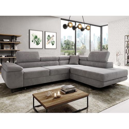 Avatar Kord Ecksofa in L-Form 277 x 73 x 203 cm mit Schlaffunktion und Bettzeugbehälter - Schlafsofa mit Bettkasten - Eckcouch mit Stauraum - Rechts - Farbe: Kord Grau