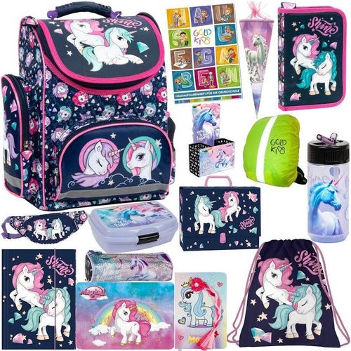 Einhorn Schulranzen XXL Set 15er Ranzen Tornister Federmappe Turnbeutel Gummizugmappe Zuckertüte Brotdose Trinkflasche Aufgabenheft Aktentasche Unicorn Motiv