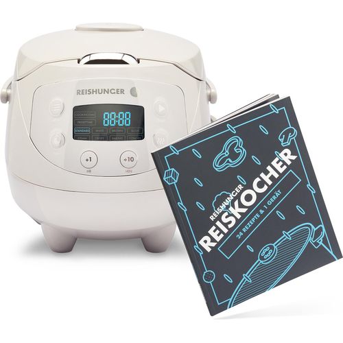 REISHUNGER Digitaler Reiskocher klein, grau inkl. Reishunger Reiskocher Kochbuch- 0,6 L bis 3 Personen - Warmhaltefunktion, Timer & Premium Topf