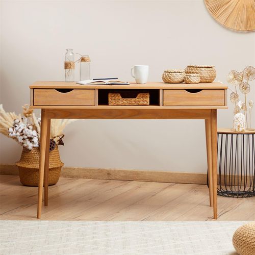 Schreibtisch STEFANO Eiche farben - Bürotisch mit 2 Schubladen und Fach aus Massivholz, Home Office Tisch, moderner Arbeitstisch